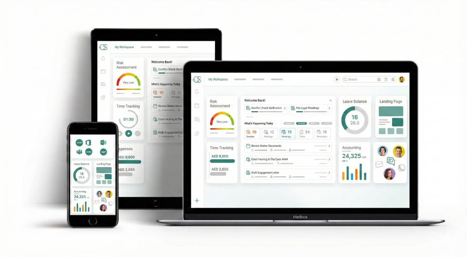 Mobile and laptop devices showing legal app interface